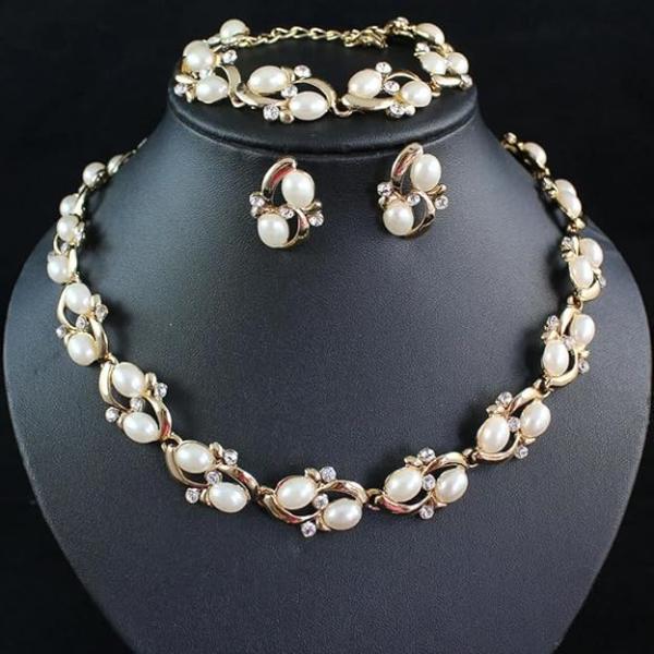 Shining Diva Fashion Latest Stylish Design Fancy Pearl Bracelet Earrings Necklace Jewellery Set for Women (15214s)