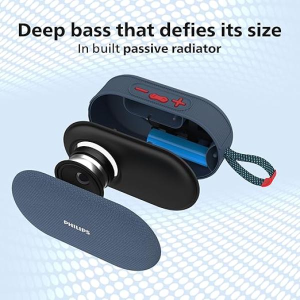PHILIPS Audio TAS1400BL Wireless Bluetooth Speaker with Deep Bass, Passive Radiator, 12W Sound Output, 1200mAh Rechargable Battery, RGB Light Modes, 10H Playtime, Supports TF/USB/BT Modes (Blue)