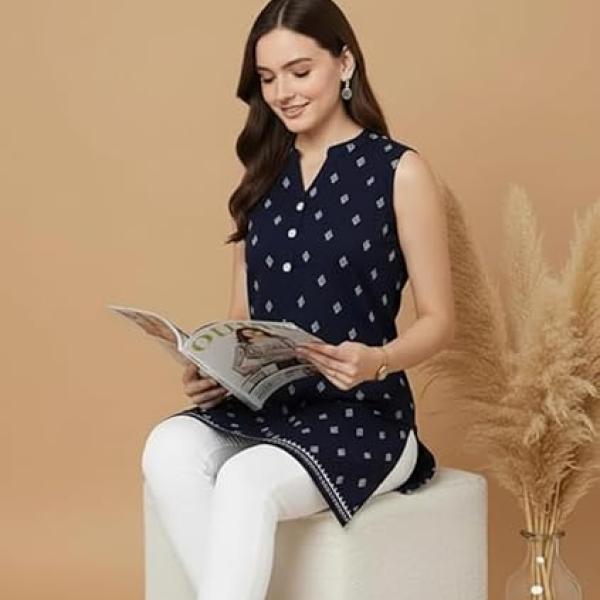 Bahumaan Rayon Short Kurti for Women | Tops for Jeans for Women | Ideal for Casual Office Wear Tunics | 3/4 Sleeve with Printed Design and Regular Fit
