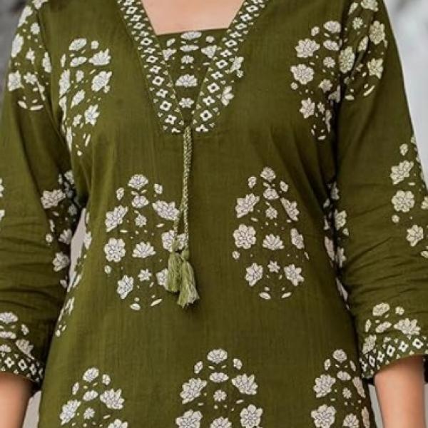 PARTHVI Women's Pure Cotton Printed Straight Kurta Set with Palazzo Pants & Dupatta- Ethnic Wear, Green