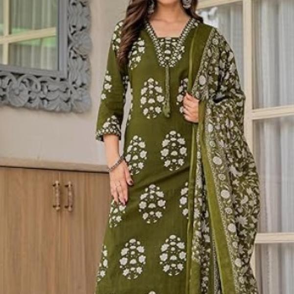 PARTHVI Women's Pure Cotton Printed Straight Kurta Set with Palazzo Pants & Dupatta- Ethnic Wear, Green
