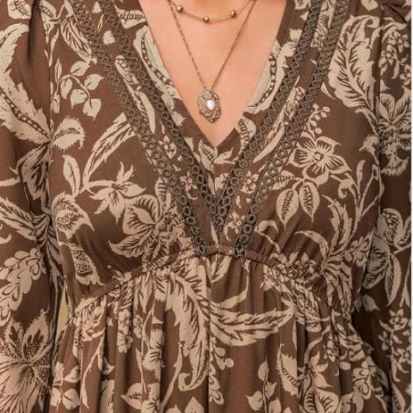 Dress for Women ||Bohemian Brown Print Casual Comfortable Women's Long Sleeve Maxi Dress|| Popular Autumn Apparel Fashion (D-03-05)