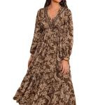 Dress for Women ||Bohemian Brown Print Casual Comfortable Women's Long Sleeve Maxi Dress|| Popular Autumn Apparel Fashion (D-03-05)