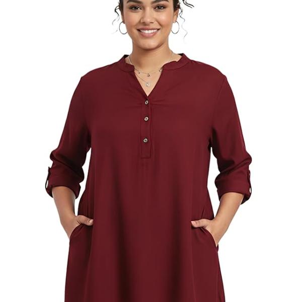 Plus Size Women’s Roll-Up Sleeve Tunic Top V-Neck Button Front Side Pockets Rayon Short Kurti Casual Ethnic Wear Indian Traditional Dress for Office Party