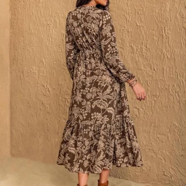 Dress for Women ||Bohemian Brown Print Casual Comfortable Women's Long Sleeve Maxi Dress|| Popular Autumn Apparel Fashion (D-03-05)