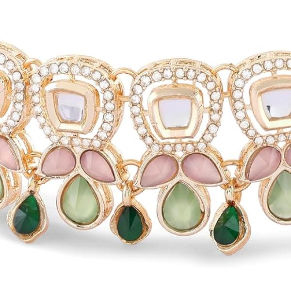 ZAVERI PEARLS Green Pink Stones Austrian Diamonds Embellished Choker Necklace Earring & Ring Set For Women-ZPFK17672