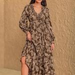 Dress for Women ||Bohemian Brown Print Casual Comfortable Women's Long Sleeve Maxi Dress|| Popular Autumn Apparel Fashion (D-03-05)