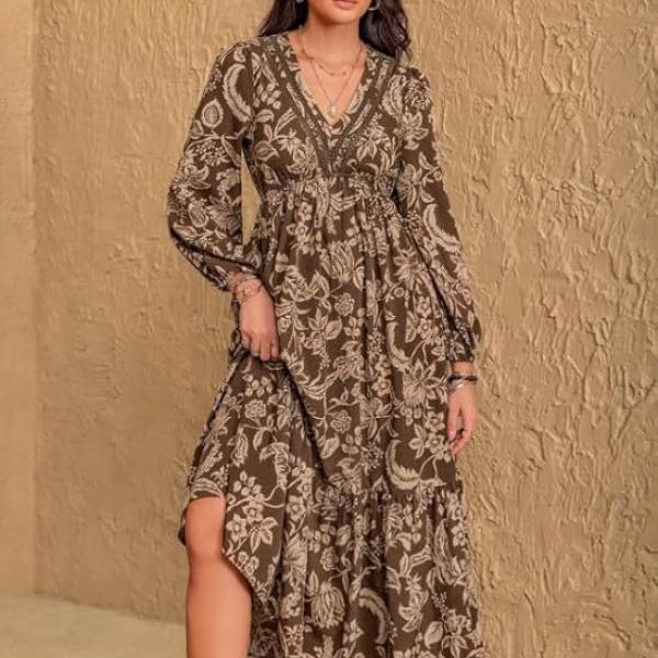 Dress for Women ||Bohemian Brown Print Casual Comfortable Women's Long Sleeve Maxi Dress|| Popular Autumn Apparel Fashion (D-03-05)