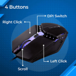 ZEBRONICS Zeb Phero Wired Ambidextrous Optical  Gaming Mouse DPI Switch, High Precision, Plug & Play, 4 Buttons (USB 2.0, RAINBOW LED)