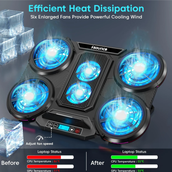 sounce RGB Laptop Cooling Pad, 6 Silent Fans, Dual USB, LCD, Adjustable Stand | SNC- 6 Fan Ergonomic Cooling Pad with Adjustable Height (Black)