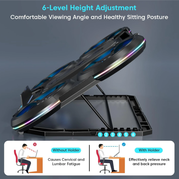 sounce RGB Laptop Cooling Pad, 6 Silent Fans, Dual USB, LCD, Adjustable Stand | SNC- 6 Fan Ergonomic Cooling Pad with Adjustable Height (Black)