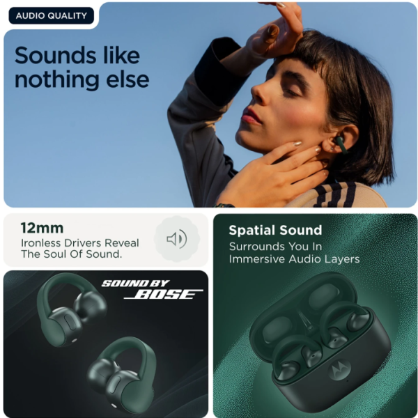 MOTOROLA Moto Loop | Sound by Bose |Lightweight & Comfortable| IP54 | Sweat proof Bluetooth Headset (Green, True Wireless)