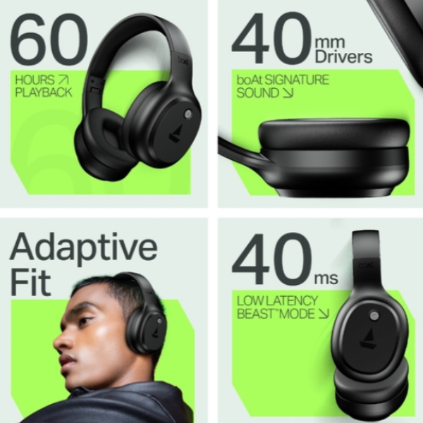 boAt Rockerz 421 Over Ear Bluetooth Wireless Headphones with 60 hours Playback Time, 40 mm Drivers with boAt Signature Sound and Adaptive Fit (Black Sabre)