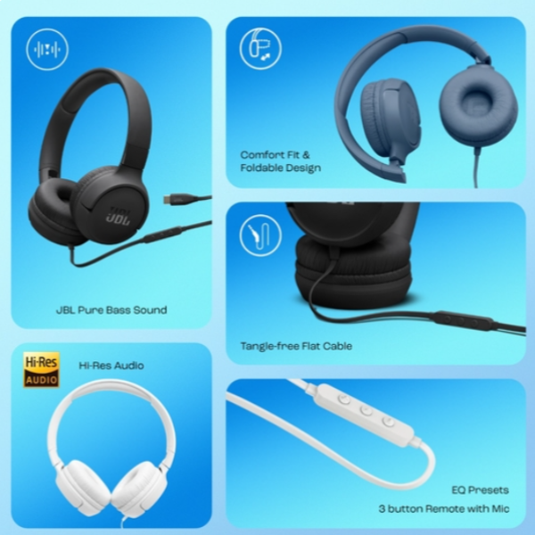 JBL Tune 520C On-Ear Type C Wired Headphone, Pure Bass Sound, 3-Button Remote with Microphone, Comfort fit and Foldable Design (Black)