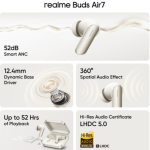 realme Buds Air7 TWS Earbuds, Ivory Gold