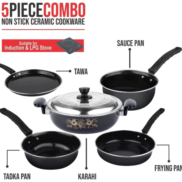Kashvi Pack of 5 pc (Kadhai (With Lid), Fry Pan, Sauce Pan, Tadka Pan & Tawa) Induction Bottom Non-Stick Coated Cookware Set (Cast Iron, Iron, 5 - Piece)