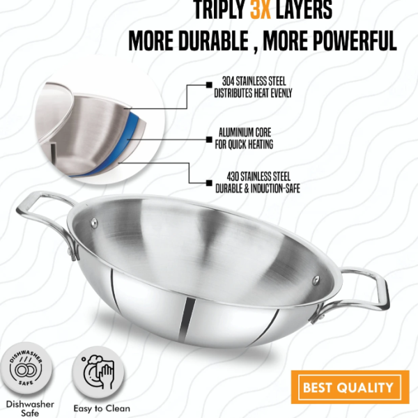 Sigri-wala Cook Healthy Triply Kadhai 20 cm diameter with Lid 1.8 L capacity (Triply, Induction Bottom)
