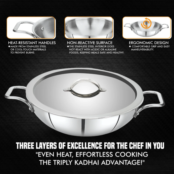 Sigri-wala Cook Healthy Triply Kadhai 20 cm diameter with Lid 1.8 L capacity (Triply, Induction Bottom)
