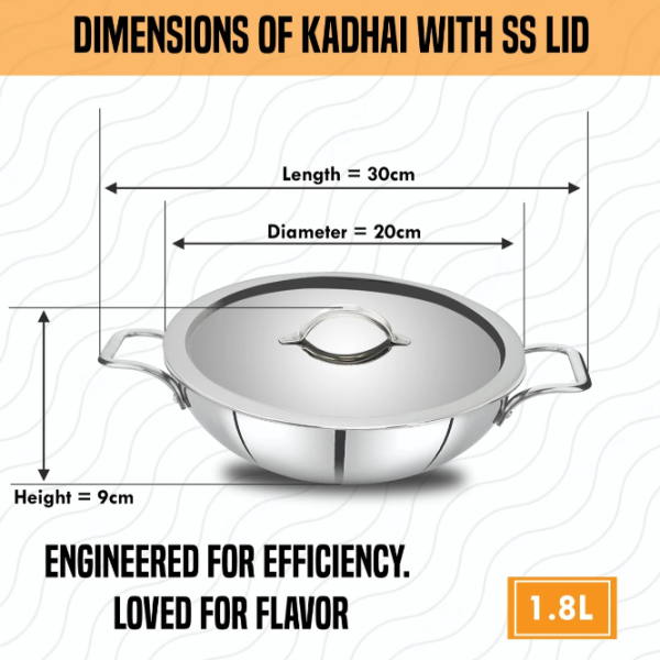 Sigri-wala Cook Healthy Triply Kadhai 20 cm diameter with Lid 1.8 L capacity (Triply, Induction Bottom)
