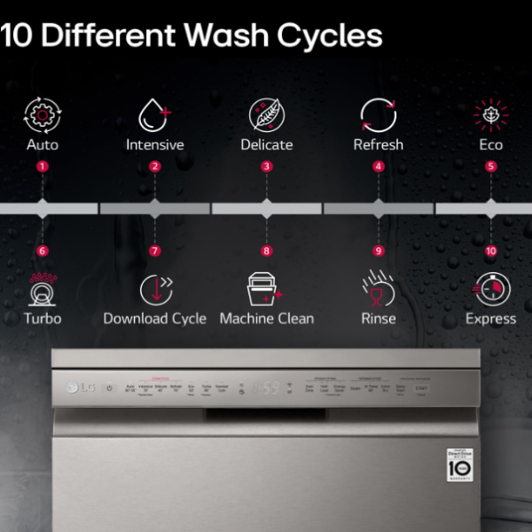 LG 14 Place Settings Inverter Direct Drive, Wi-Fi Free Standing Dishwasher (DFB424FP, Silver, Silent Operation, Tough Stain Removal, Adjustable racks & TrueSteam)