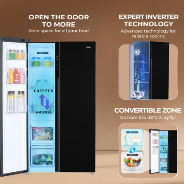 Haier 602 L 3 Star Frost Free Expert Inverter 2-Door Side by Side Refrigerator (HRS-682KS, Black Steel, Magic Convertible, Deo Fresh Technology, 2026 Model)