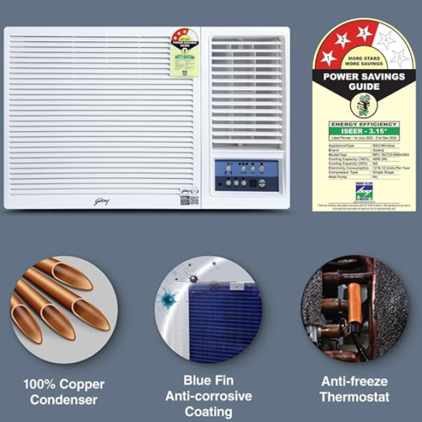 Godrej 1.5 Ton 3 (5 Years Comprehensive Warranty) Turbo Mode, Window AC (Copper, Anti Corrosive Blue Fin, AC 1.5T WFC 18UTC3-WWA Window, White)