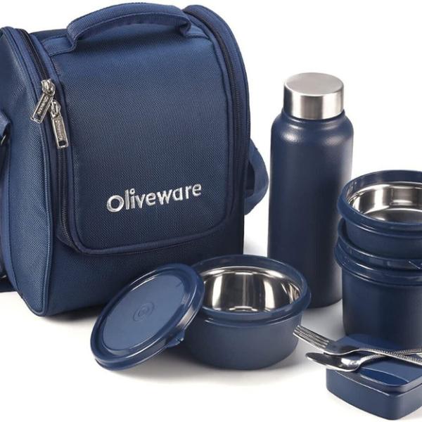Oliveware Teso with Bottle (Blue-Pro) 4 Containers Stainless Steel Office Lunch Box (1470 ml, Microwave Safe)