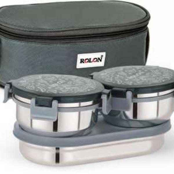 rolon Lunch Lock Double Decker | Grey | 3 Airtight Containers | Insulated Lunch Bag 3 Containers Stainless Steel Office Lunch Box (1150 ml)