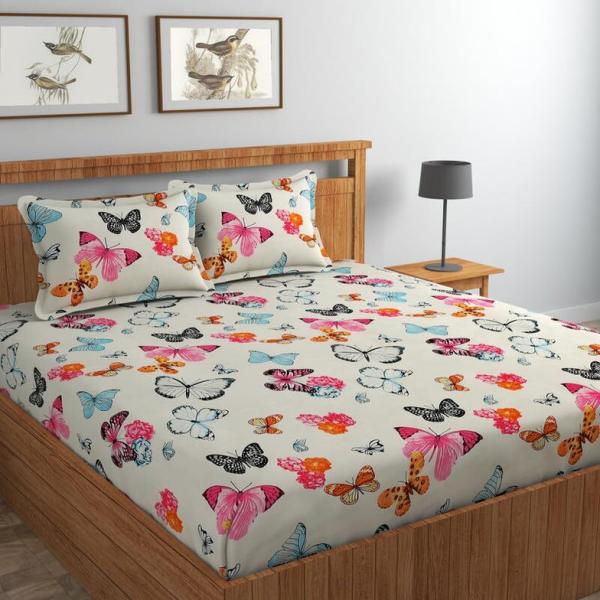 Creatived Store Cotton Double Fitted (Elastic) 240 TC Printed 1 Bedsheet with 2 Pillow Covers (Multicolor, White)